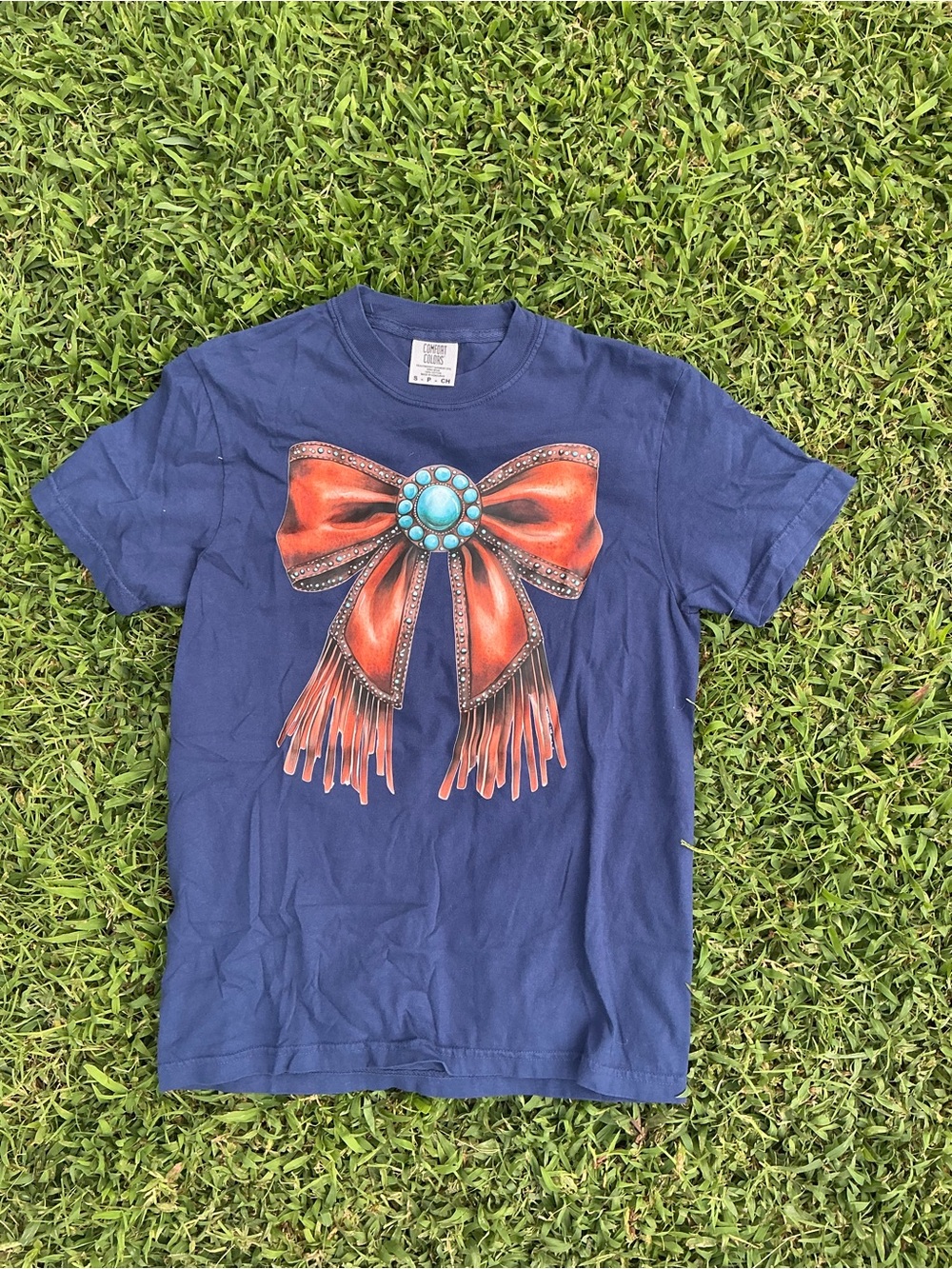 Comfort Colors Navy Tee with Red Bow and Turquoise Accent